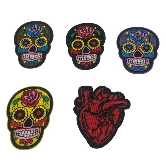 Patches Sugar Skulls Realistic Heart Set Of 5 Heart Embroidered Iron-On Patch - Picture 1 of 2